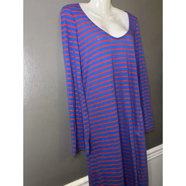 Free People Beach T Shirt Dress Womens Medium Blue Red Stripe Long Sleeve Maxi - Image 4