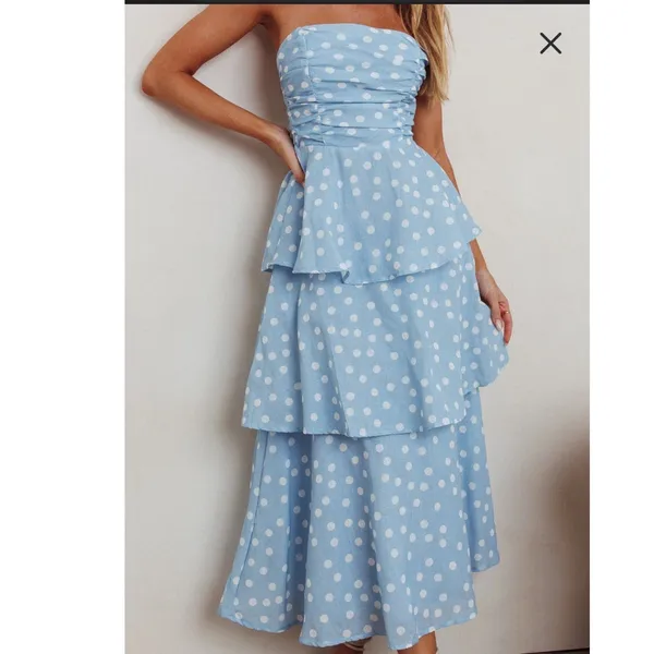Indikah Lorcan strapless ruffle dotted midi white blue dress tie back‎ tiered XL - Image 4