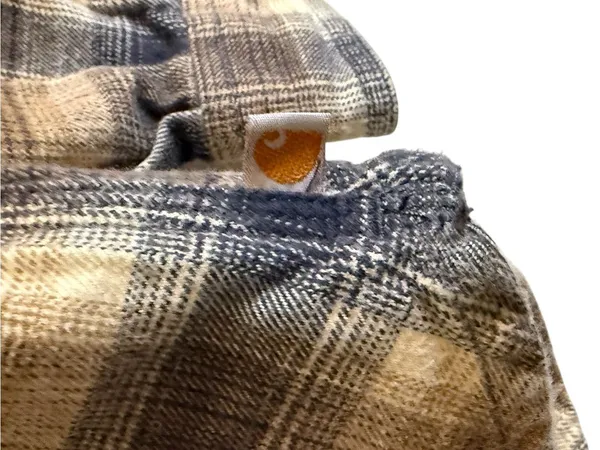 Carhartt Women’s L 12/14 Hooded Plaid Flannel Shirt Brown Blue Button Front - Image 6
