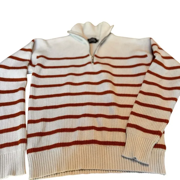 Monoprix Femme Ivory Rust Stripe Ribbed Half Zip Sweater XS French Knit Top Chic - Image 6