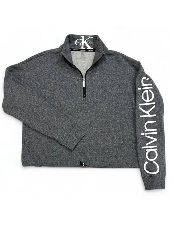 Calvin Klein Heather Grey Half Zip Oversized Crop Pullover Sz Small - Image 4