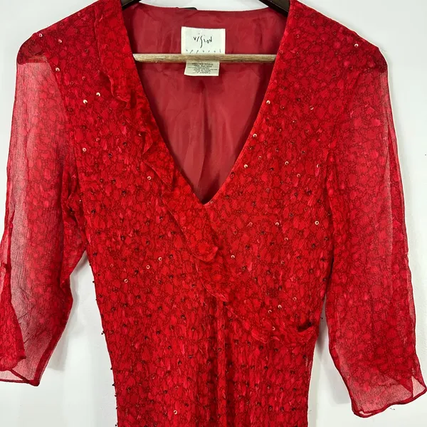 Vision‎ Apparel Dress 6 Red Silk Sequin Sheer Sleeve Midi Gown Y2K Vintage Glam - Image 9