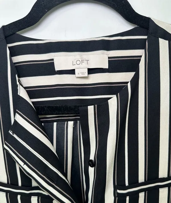 LOFT Black and White Striped Long Sleeve Midi Shirt Dress with Belt - Image 2