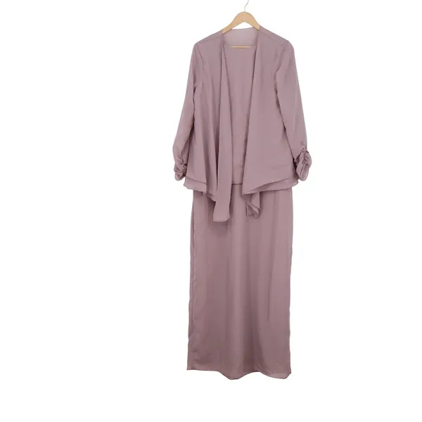 Mauve Two Piece Maxi Dress Set Ruched Sleeve Jacket Formal Wedding Guest Size 12 - Image 2