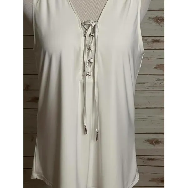 White House Black Market ivory casual MJ lace-up sleeveless tank Size Large - Image 3