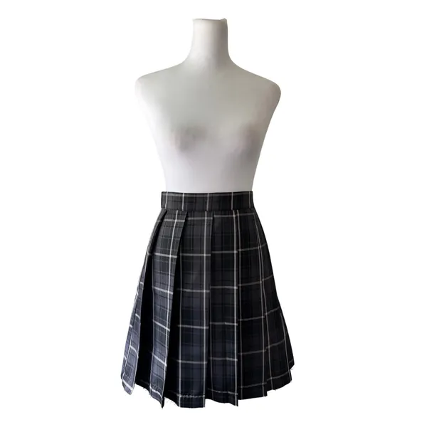 Current Mood Gray, Black & White Plaid Knee Length Skirt w/ Unfinished Hem - Image 2