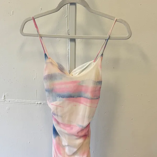 NWT Windsor Pink Blue Watercolor Ruched Mesh Bodycon Mini Dress Cutout Back Sm - Image 3