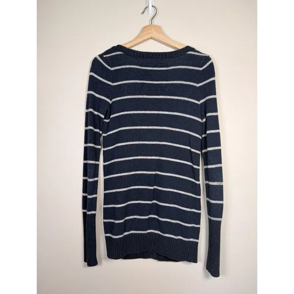 Hollister Women's Striped Y2K Cardigan‎ Sweater M Navy Blue White Rabbit Hair - Image 4