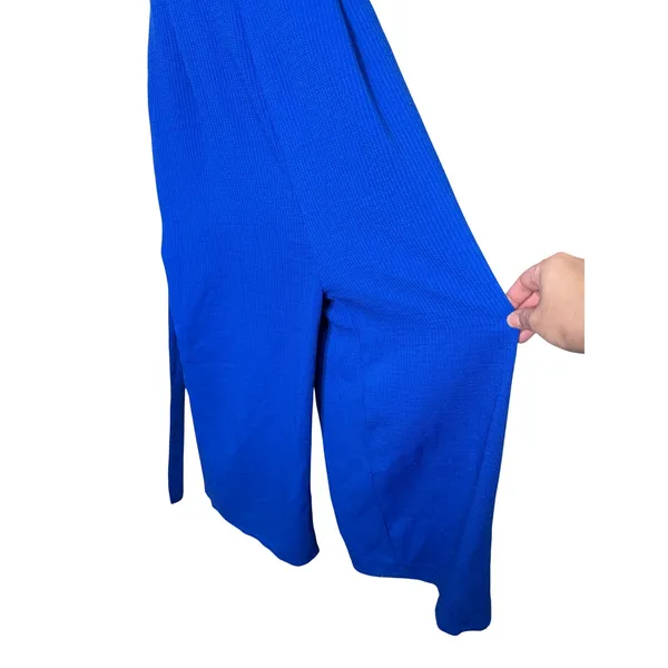 AQUA‎ Cobalt Blue Ribbed Wide Leg Jumpsuit Spaghetti Straps Belted Size L - Image 2