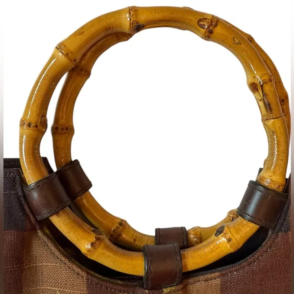 Cynthia Hart Los Angeles Floral Plaid Tote Bag Purse Bamboo Handles Gold Brown - Image 2
