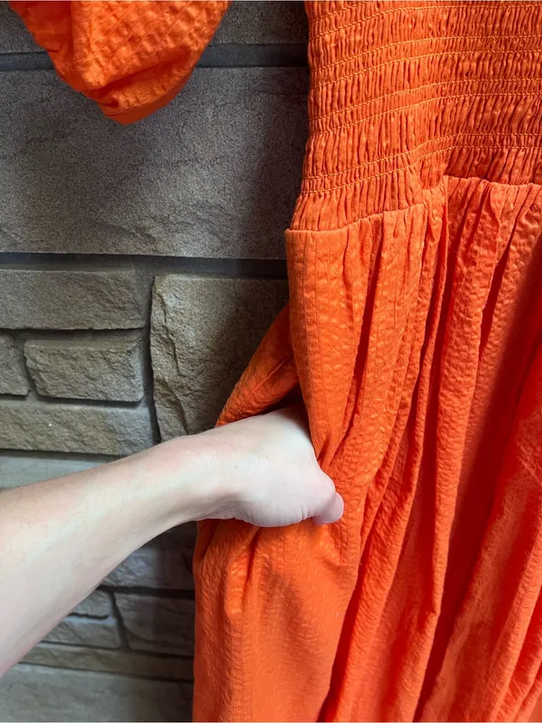 AYR Extra Extra Midi Dress Cara Orange Smocked Waist Tiered Cotton Size Small - Image 9