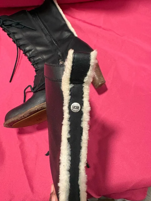 UGG Black Leather Heeled Lace-Up Boots with Cream Shearling Trim - Image 7
