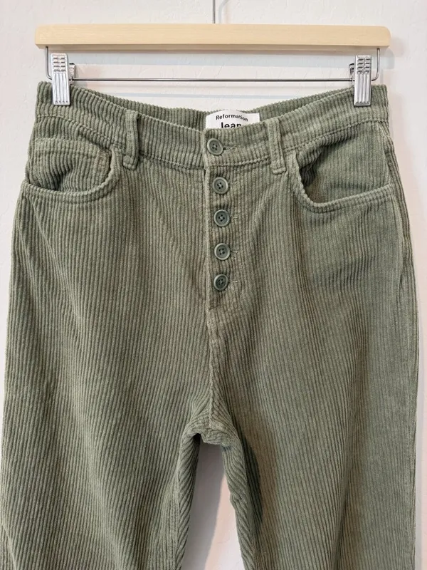 Reformation Cynthia Pants Size 27 Moss Green Corduroy Button Fly Whimsigoth Chic - Image 5