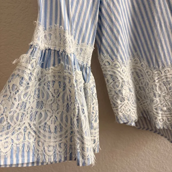 Zara Blue and White Striped Lace Blouse - Image 2