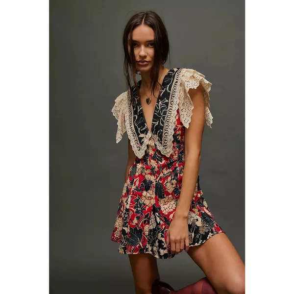 FREE PEOPLE Red White Bali Antoinette Corduroy Lace Mini Dress size Large - Image 5
