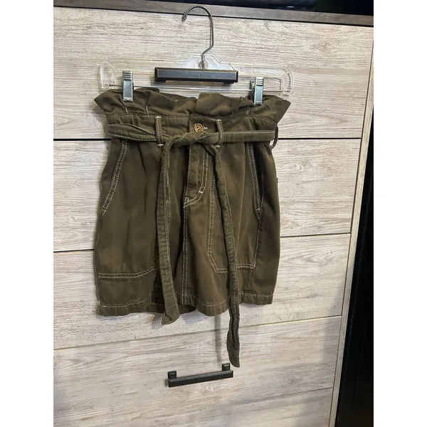 Free People Olive Green Paperbag Waist Utility Mini Skirt Contrast Stitch Size 0 - Image 2
