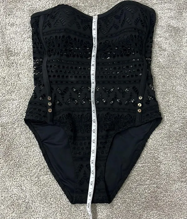 New Large Black Strapless Sheer Crochet One Piece Swim Suit with Button Detail - Image 11