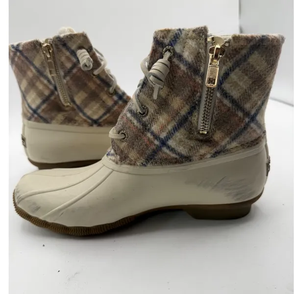 Sperry Saltwater Duck Boots Plaid Wool Women's 6 Cream Winter Rain Outdoor - Image 8