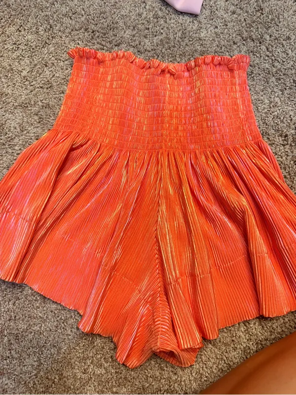 QUEEN OF SPARKLES Smocked High-Waist Pleated Shorts - Orange with Gold Sheen - Image 2