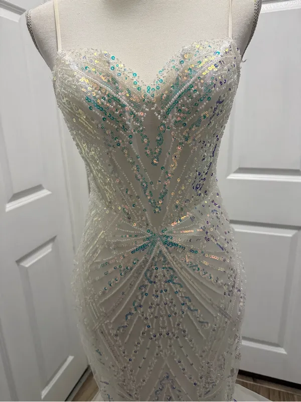TLC Say Yes to the Prom Iridescent Sequin Mesh Corset Mermaid Gown White Size 0 - Image 2