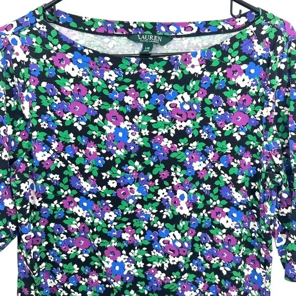 Lauren Ralph Lauren Floral Print 1/2 Sleeve Boat Neck Top‎ Black Purple Green - Image 2