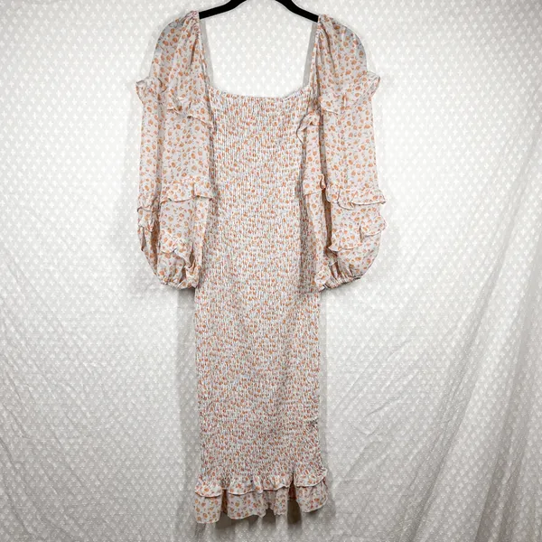 Petal + Pup Orange White‎ Smocked Puff Sleeve Midi Dress - Image 2