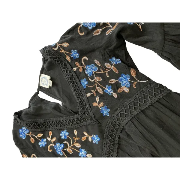 Blue Rain Black Floral Embroidered‎ Boho Tiered Mini Dress XS WS50897 - Image 5