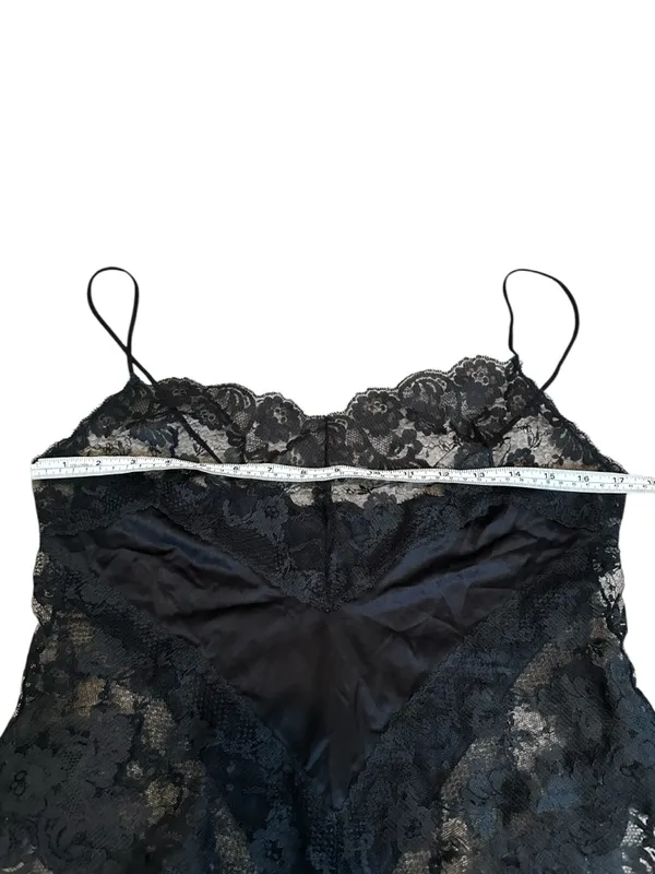 Vintage 80s Black Silky Nylon & Lace Teddy Lingerie Dark Romantic Cottagecore - Image 6