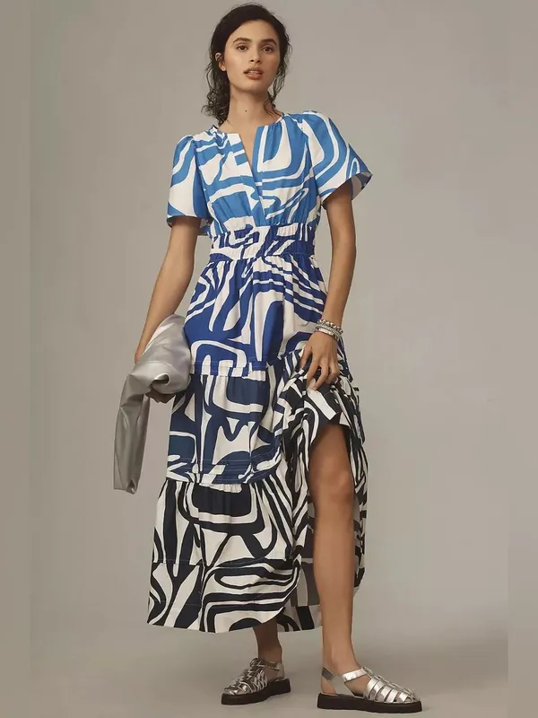 Anthropologie The Somerset Maxi Dress Slate Blue Swirl Abstract Print Size Large - Image 2