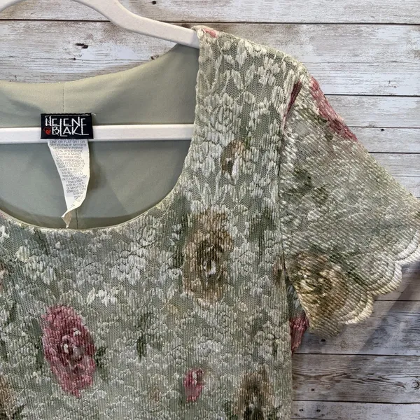 Vtg 90s Helene Blake Womens 12 Dress Sage Green Floral Lace Cottagecore Made USA - Image 2