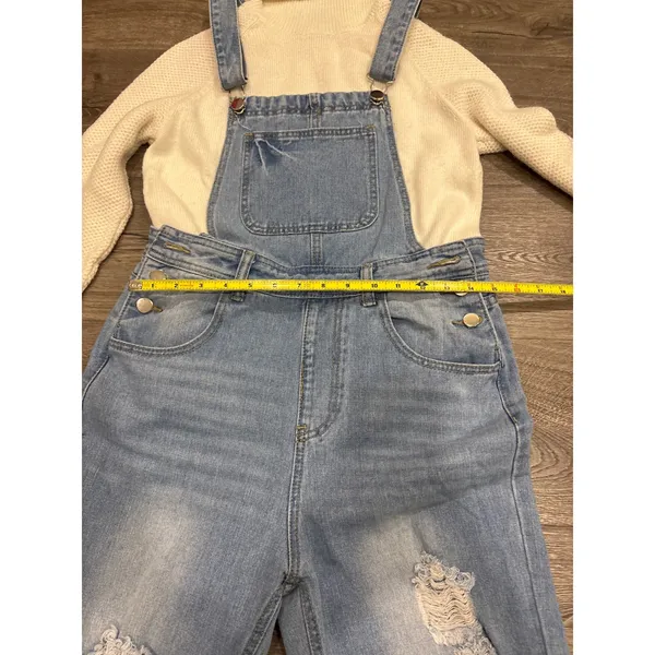Womens Distressed Denim Jean Overalls Light Wash Relaxed Fit‎ Cropped Leg Size S - Image 5