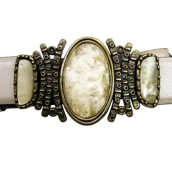 Vintage Chicos White Pearly Stone Buckle Champagne White Leather Belt Retro - Image 3