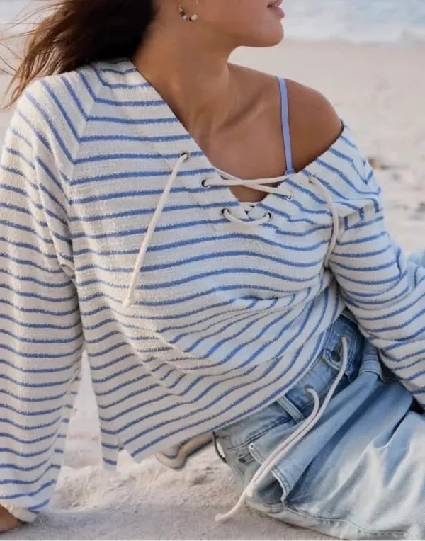 NEW With Tag Aerie Blue & White Stripe Terry Cloth Lace Up Pullover Sweatshirt - Image 2