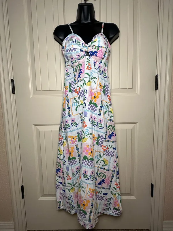 MINKPINK Nikita Twist Ivory Picnic Midi Dress Twist Flowy Smock Small NWOT - Image 4