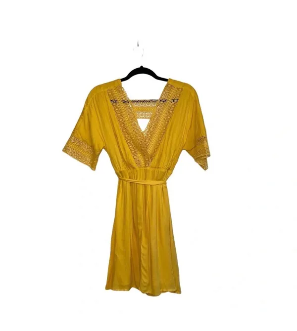 Altar’d State Crochet Wrap Mini Dress Yellow Belted V-neck - Image 7
