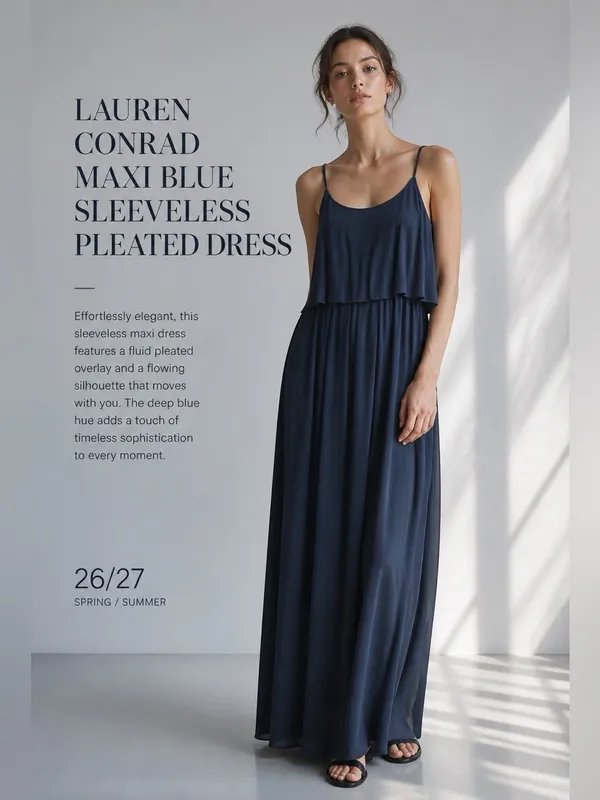 Lauren Conrad Maxi Blue Sleeveless Pleated Dress Size M - Image 7