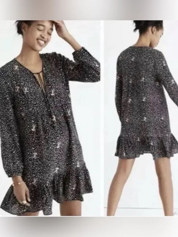 Madewell Silk Fiesta Paisley Tiered Mini Dress Black Tan 10 - Image 2