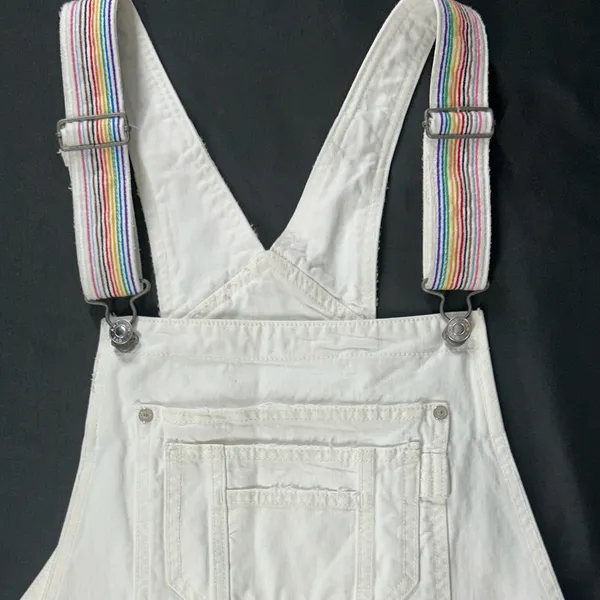 American Eagle White Denim Rainbow Strap Shortalls Overalls NWT - Image 2