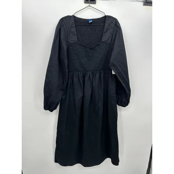 Old Navy Womens Black Smocked Square Neck Cotton Balloon Sleeve Midi Dress L - Image 2