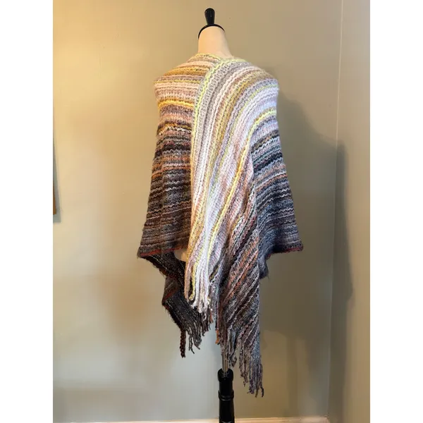 Multi Color Striped Knit Poncho Fringe One Size boho cozy fringe colorful retro - Image 5