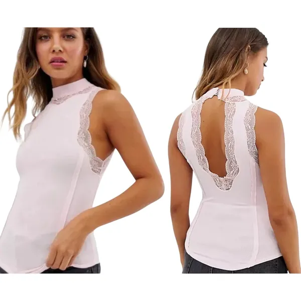 Free People Dale‎ Tank Top Ballet Ribbed Lace Open Back Pink OB980491 M - Image 10