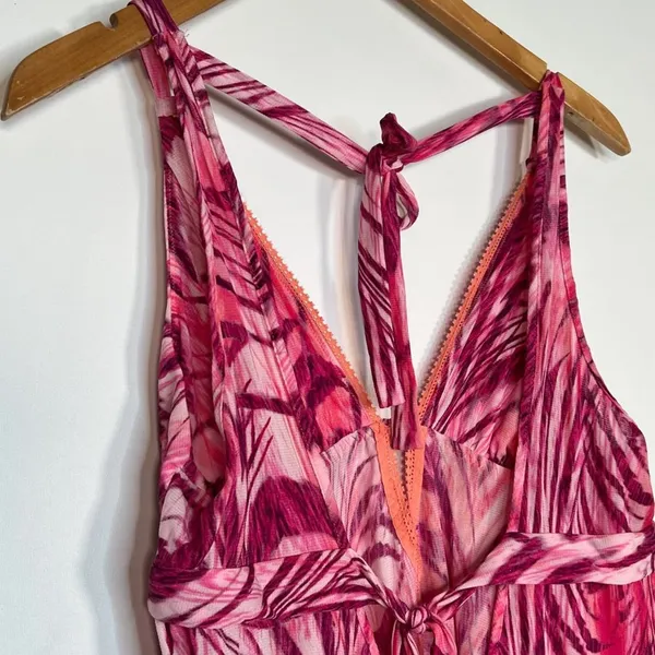 On Gossamer Fuchsia Pink Feather Print Babydoll Chemise Slip Dress Womens L - Image 8