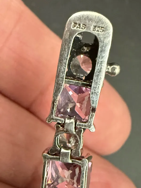 Vintage 925 Sterling Silver Princess Cut Pink CZ & Clear Round Tennis Bracelet - Image 12