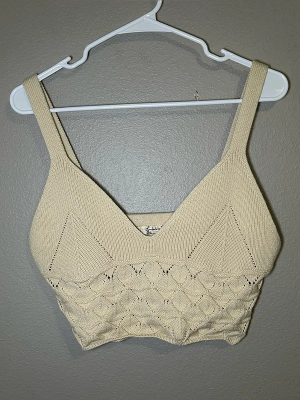 Free People Neutral Crochet Knit Boho Cami Crop Top Women’s Size Large - Image 2