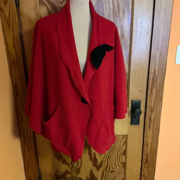 Vintage 90s Red Fleece Cape Jacket Le Moda Oversized Shawl Collar Poncho Coat - Image 8