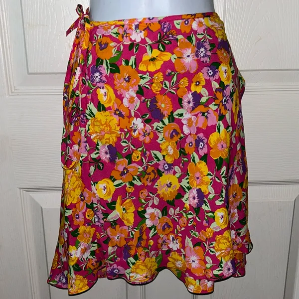 Zara Women’s Spring Pink Orange‎ Purple Floral Wrap Side Tie Skirt Size Small - Image 5