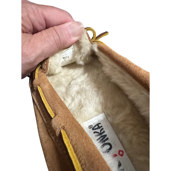 Minnetonka Moccasin Slippers Tan Suede Faux Fur Lined Women's Size 7 - Image 6