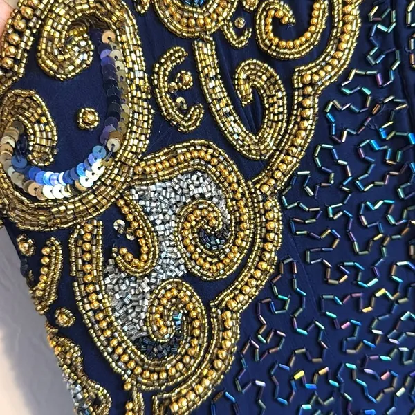 Vtg Laurence Kazar Halter Beaded embellished silk formal gown dress blue gold‎ L - Image 5
