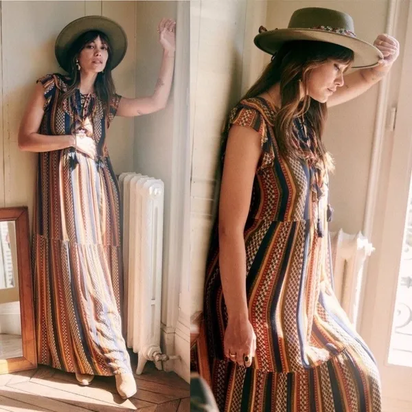 Sézane Dress Dolores Sleeveless Striped Ruffle Maxi Prairie Maya 36 EUC - Image 2