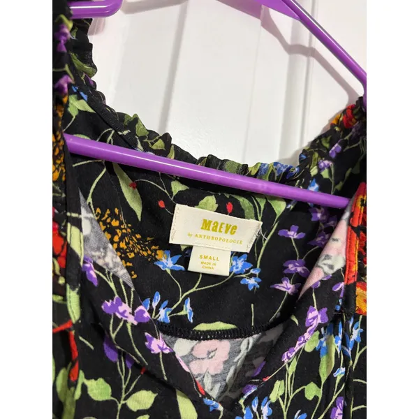 Maeve Anthropologie Blouse Floral Ruffle‎ Black Sheer Sleeve S Boho Cottagecore - Image 3